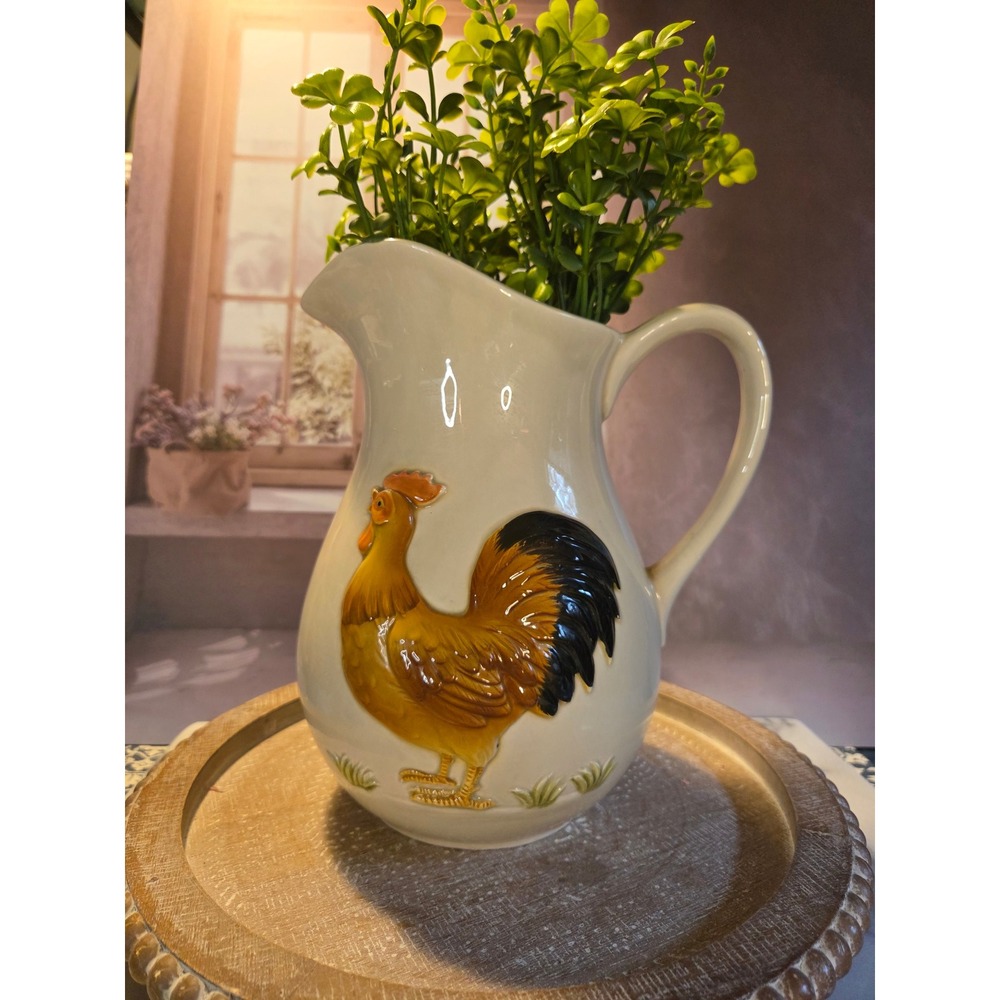 Otagiri Rooster‎ Farm Scene Vintage Ceramic Pitcher 1982 Collectible